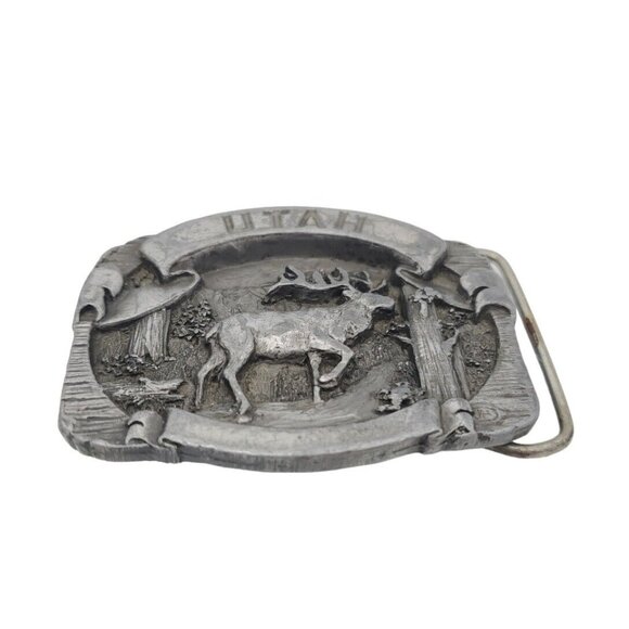 Pewter Utah Elk Deer Nature Belt Buckle‎ 3" USA C+J Enterprises Hunter Outdoors - Picture 2 of 5